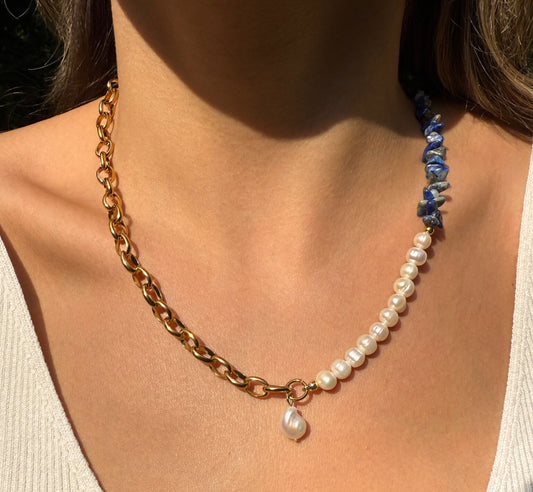 Blue Color White Pearl Necklace