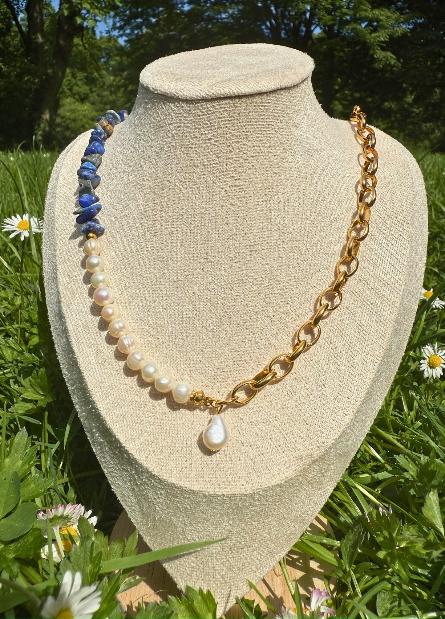 Blue Color White Pearl Necklace