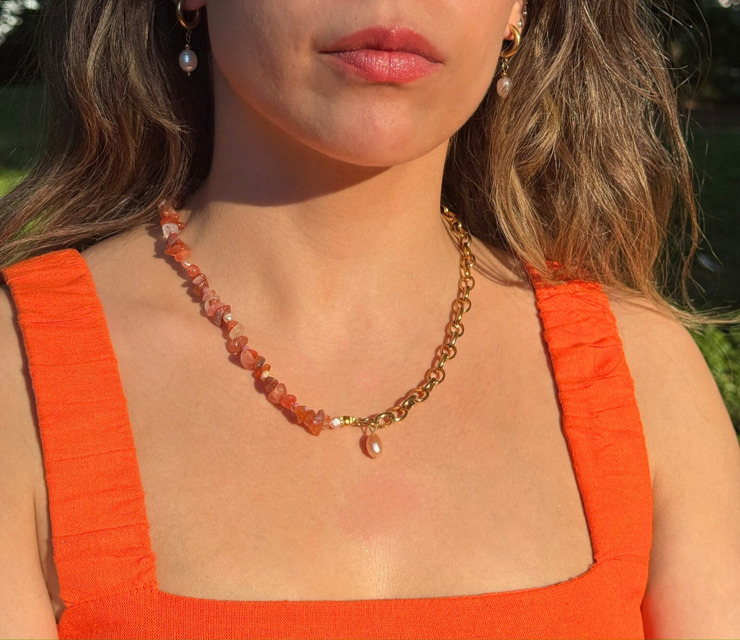Warm Color Orange Pearl Necklace